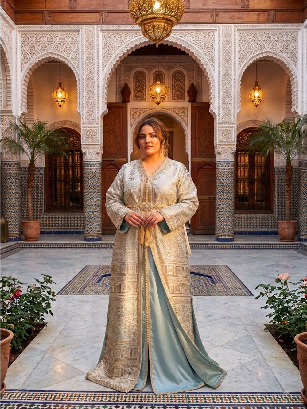 Luxury Handcrafted Moroccan Brocarde Caftan 2 piece set with belt